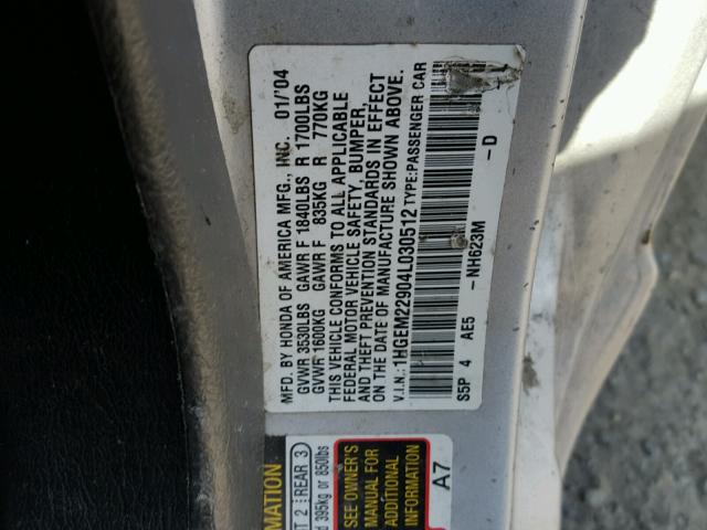 1HGEM22904L030512 - 2004 HONDA CIVIC EX SILVER photo 10