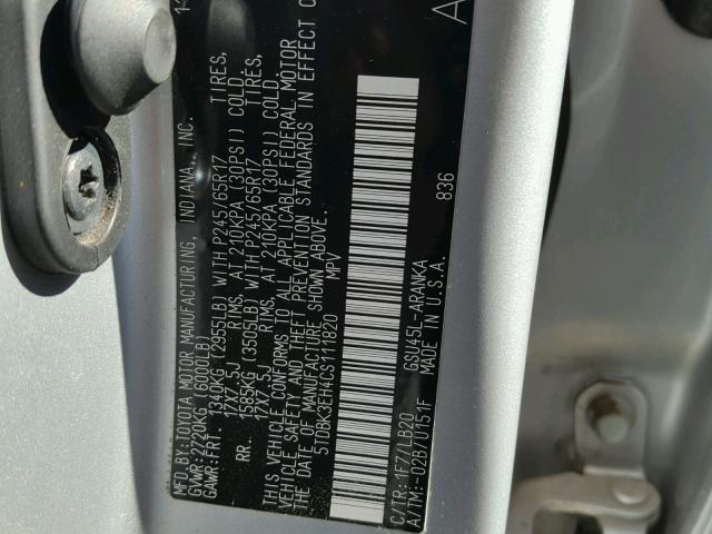 5TDBK3EH4CS111820 - 2012 TOYOTA HIGHLANDER SILVER photo 10