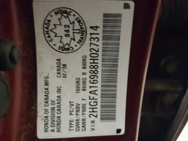 2HGFA16988H027314 - 2008 HONDA CIVIC EXL 红色 照片 10