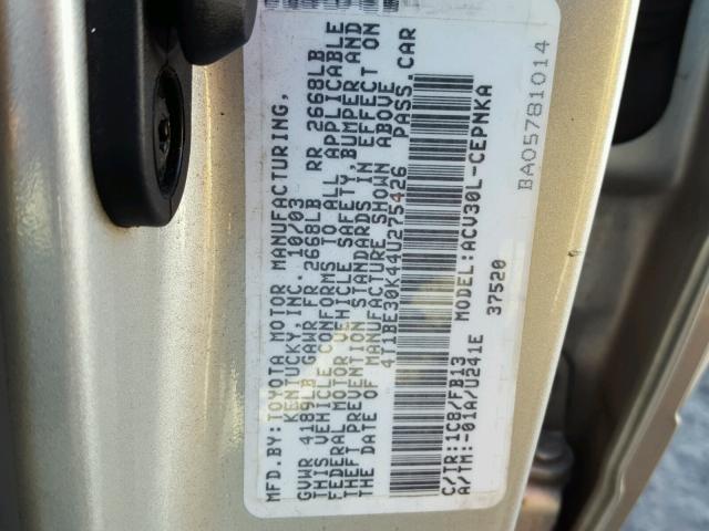 4T1BE30K44U275426 - 2004 TOYOTA CAMRY LE SILVER photo 10