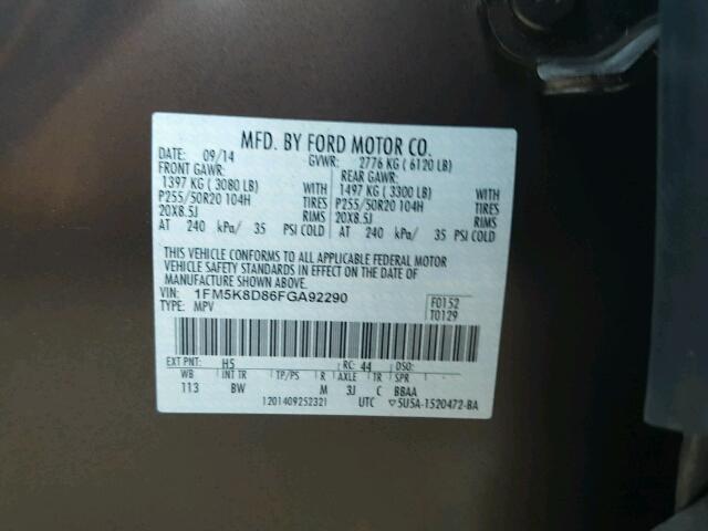 1FM5K8D86FGA92290 - 2015 FORD EXPLORER X BROWN photo 10