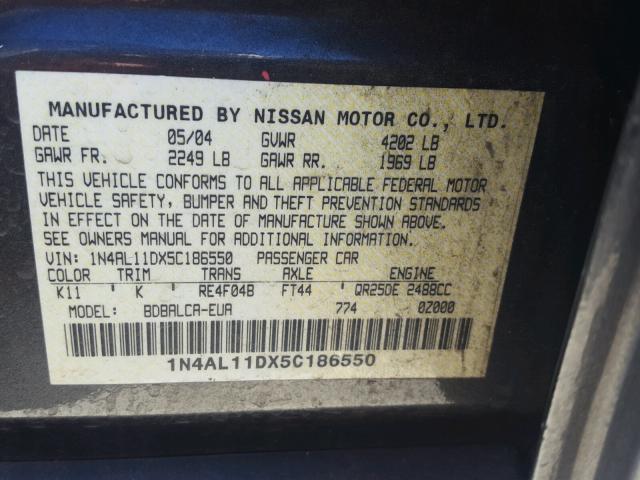 1N4AL11DX5C186550 - 2005 NISSAN ALTIMA S GRAY photo 10