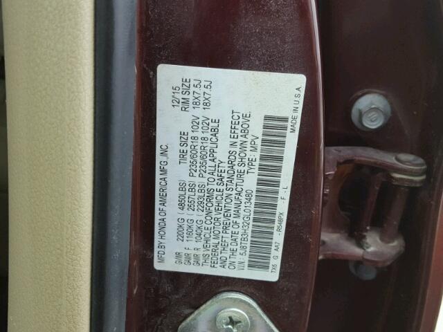 5J8TB3H32GL013480 - 2016 ACURA RDX BASE MAROON photo 10