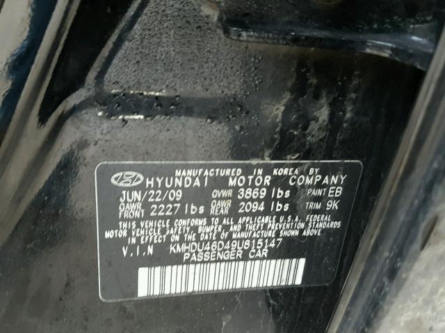 KMHDU46D49U815147 - 2009 HYUNDAI ELANTRA GL BLACK photo 10