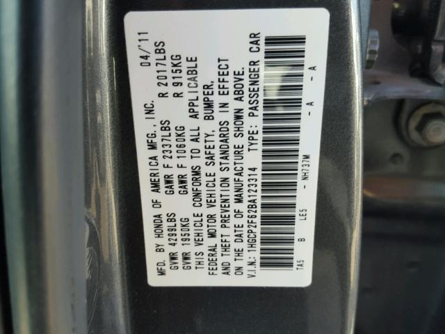 1HGCP2F62BA123314 - 2011 HONDA ACCORD SE GRAY photo 10