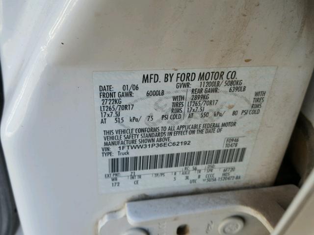 1FTWW31P36EC62192 - 2006 FORD F350 SRW S WHITE photo 10