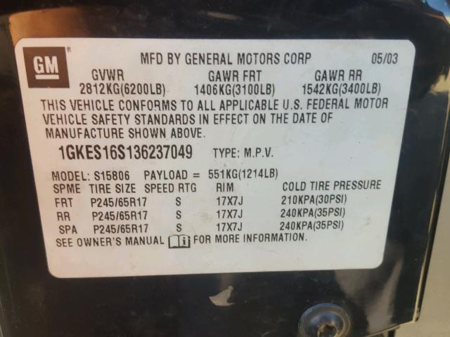 1GKES16S136237049 - 2003 GMC ENVOY XL BLACK photo 10