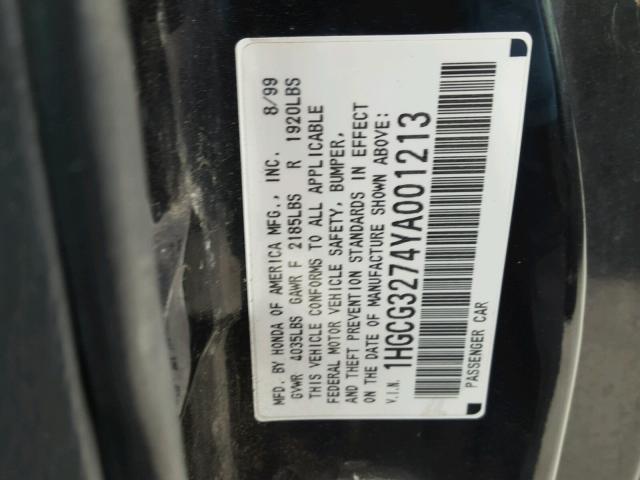 1HGCG3274YA001213 - 2000 HONDA ACCORD EX BLACK photo 10