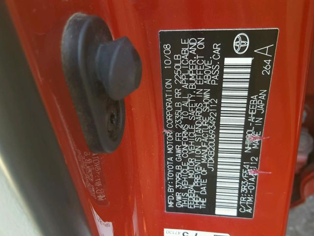 JTDKB20U693492112 - 2009 TOYOTA PRIUS RED photo 10