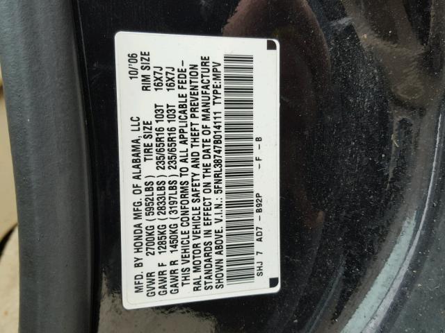 5FNRL38747B014111 - 2007 HONDA ODYSSEY EX BLACK photo 10