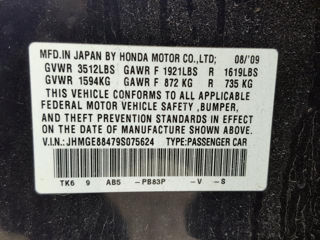 JHMGE88479S075624 - 2009 HONDA FIT SPORT BLUE photo 10