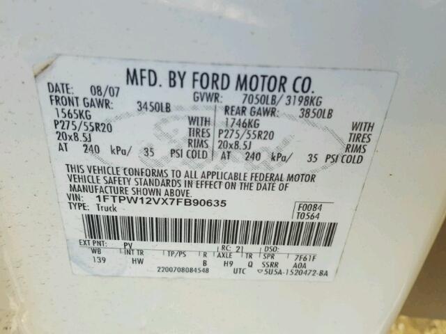 1FTPW12VX7FB90635 - 2007 FORD F150 SUPER WHITE photo 10