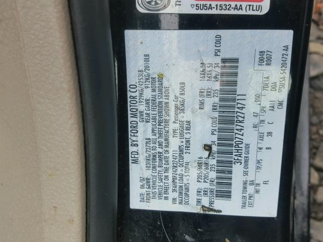 3FAHP07Z47R274711 - 2007 FORD FUSION SE BLACK photo 10