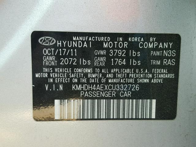 KMHDH4AEXCU332726 - 2012 HYUNDAI ELANTRA GL SILVER photo 10