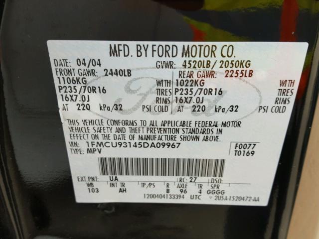 1FMCU93145DA09967 - 2005 FORD ESCAPE XLT BLACK photo 10