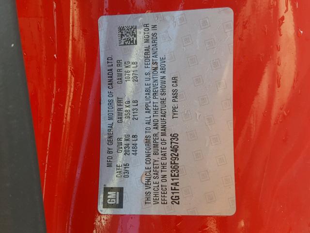 2G1FA1E36F9246736 - 2015 CHEVROLET CAMARO LS RED photo 10