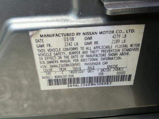 1N4AL21E08N506983 - 2008 NISSAN ALTIMA 2.5 GREEN photo 10