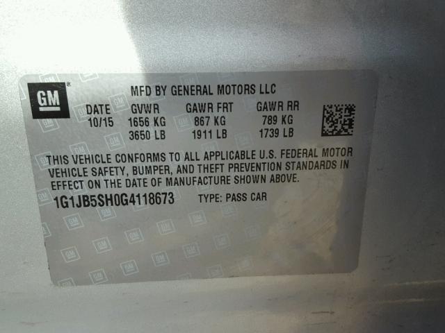 1G1JB5SH0G4118673 - 2016 CHEVROLET SONIC LS SILVER photo 10