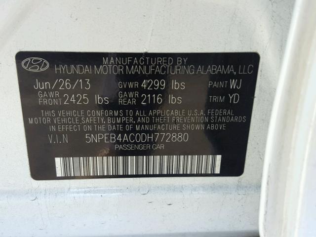 5NPEB4AC0DH772880 - 2013 HYUNDAI SONATA GLS WHITE photo 10