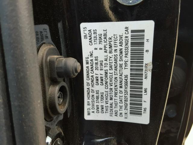 2HGFB2F53FH566436 - 2015 HONDA CIVIC LX BLACK photo 10