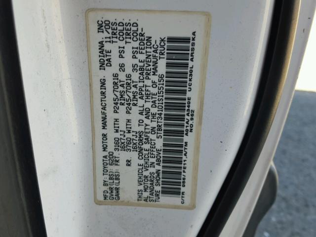 5TBRT34101S155156 - 2001 TOYOTA TUNDRA ACC WHITE photo 10