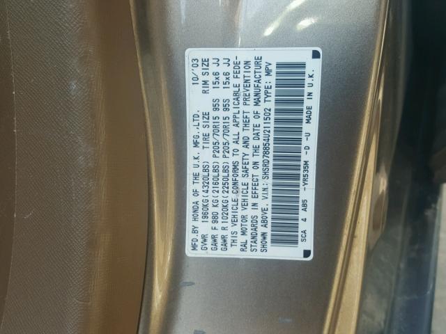 SHSRD78854U211502 - 2004 HONDA CR-V EX TAN photo 10