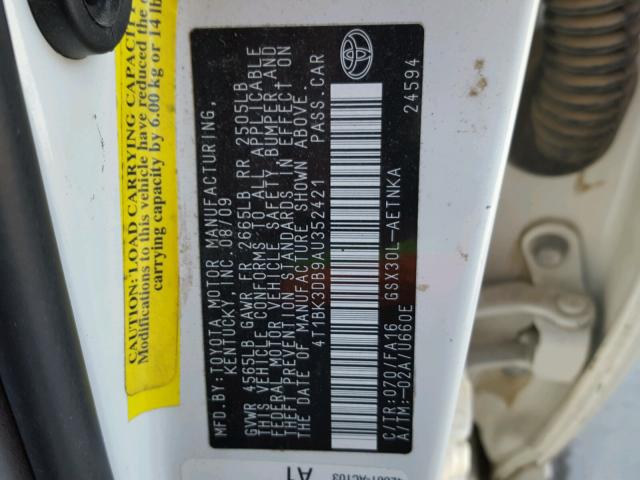 4T1BK3DB9AU352421 - 2010 TOYOTA AVALON XL WHITE photo 10