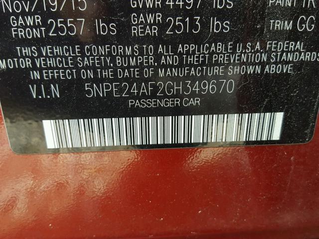 5NPE24AF2GH349670 - 2016 HYUNDAI SONATA SE RED photo 10