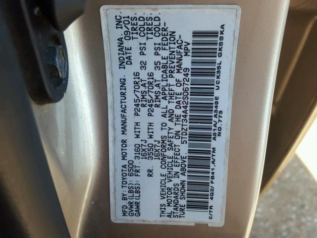 5TDZT34A42S067249 - 2002 TOYOTA SEQUOIA SR GOLD photo 10