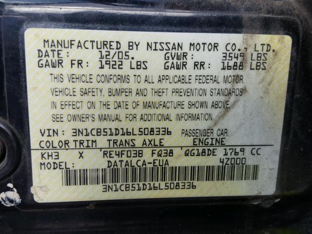 3N1CB51D16L508336 - 2006 NISSAN SENTRA 1.8 BLACK photo 10