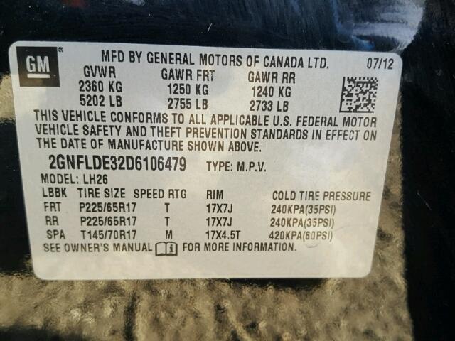 2GNFLDE32D6106479 - 2013 CHEVROLET EQUINOX LT BLACK photo 10