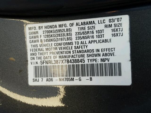 5FNRL387X7B438845 - 2007 HONDA ODYSSEY EX GRAY photo 10