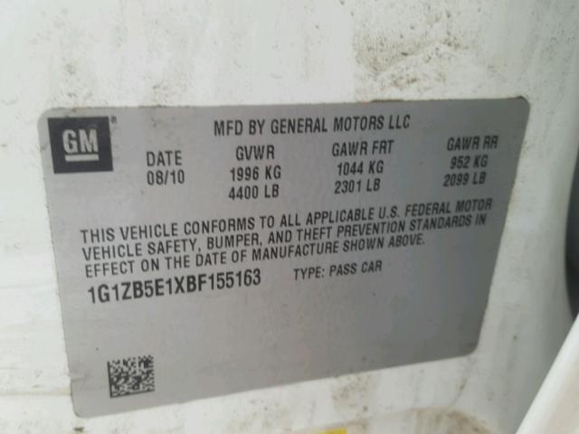 1G1ZB5E1XBF155163 - 2011 CHEVROLET MALIBU LS თეთრი ფოტო 10