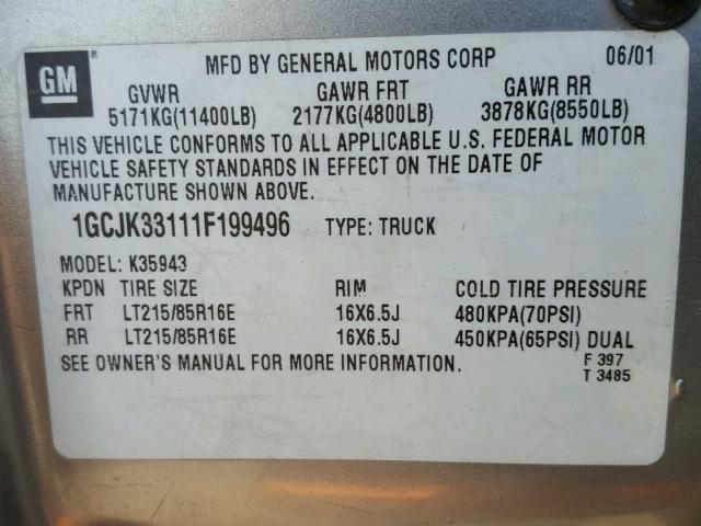 1GCJK33111F199496 - 2001 CHEVROLET SILVERADO SILVER photo 10