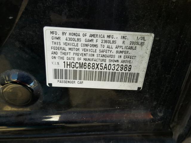 1HGCM668X5A032989 - 2005 HONDA ACCORD EX BLACK photo 10