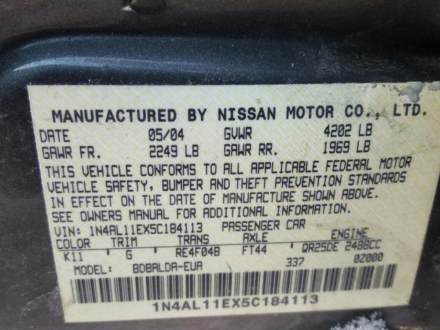 1N4AL11EX5C184113 - 2005 NISSAN ALTIMA S BLACK photo 10