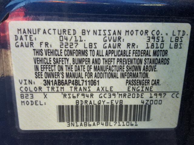 3N1AB6AP4BL711061 - 2011 NISSAN SENTRA 2.0 BLUE photo 10