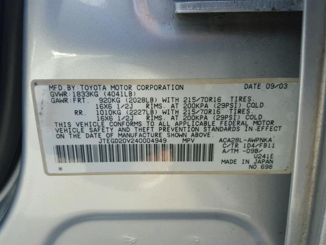 JTEGD20V240004949 - 2004 TOYOTA RAV4 SILVER photo 10