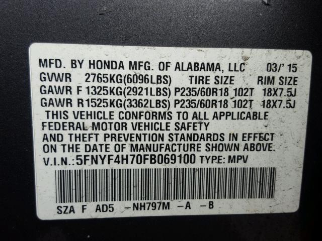 5FNYF4H70FB069100 - 2015 HONDA PILOT EXLN GRAY photo 10