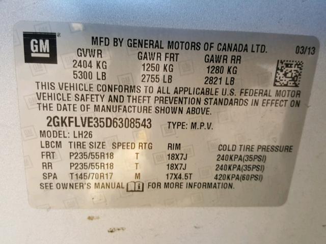 2GKFLVE35D6308543 - 2013 GMC TERRAIN SL SILVER photo 10