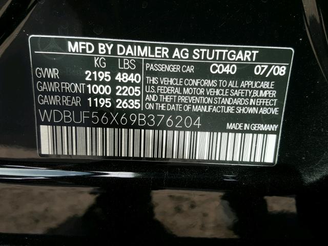 WDBUF56X69B376204 - 2009 MERCEDES-BENZ E 350 BLACK photo 10