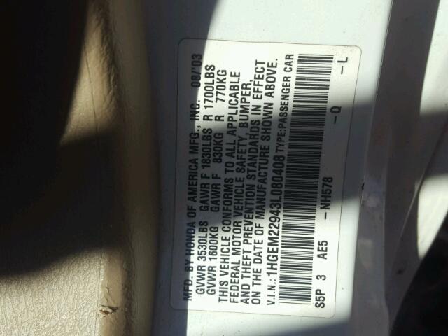 1HGEM22943L080408 - 2003 HONDA CIVIC EX თეთრი ფოტო 10