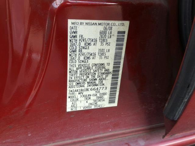 5N1AR18U18C664773 - 2008 NISSAN PATHFINDER RED photo 10