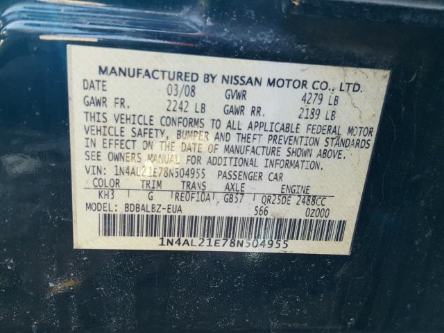 1N4AL21E78N504955 - 2008 NISSAN ALTIMA 2.5 BLACK photo 10