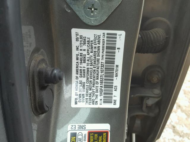 1HGFA16537L107327 - 2007 HONDA CIVIC LX GRAY photo 10