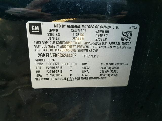 2GKFLVEK3C6244492 - 2012 GMC TERRAIN SL BLACK photo 10