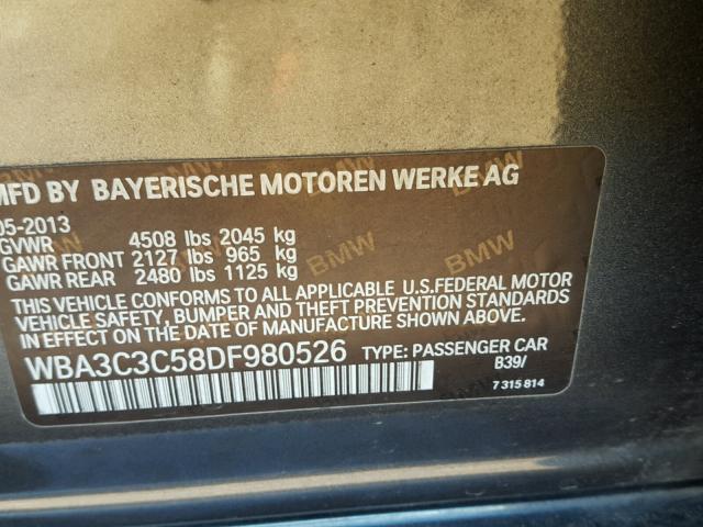 WBA3C3C58DF980526 - 2013 BMW 320 I GRAY photo 10