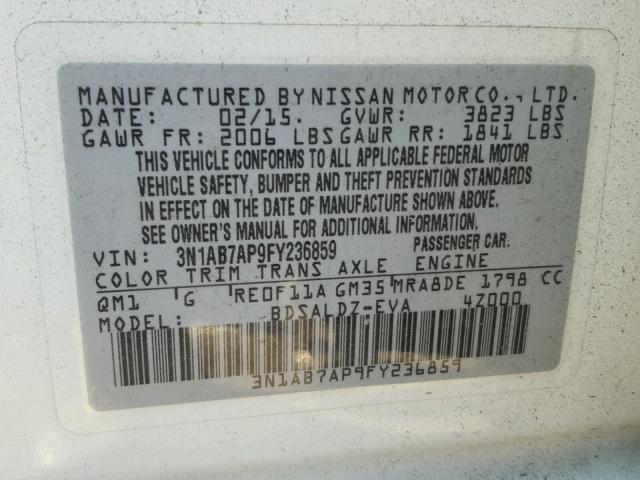 3N1AB7AP9FY236859 - 2015 NISSAN SENTRA S WHITE photo 10