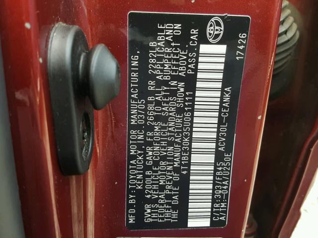 4T1BE30K35U061111 - 2005 TOYOTA CAMRY LE RED photo 10