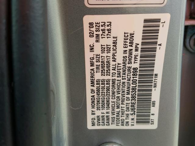 5J6RE38538L001898 - 2008 HONDA CR-V EX SILVER photo 10